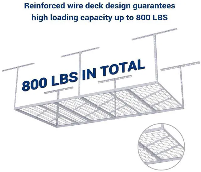 Alt view image 3 of 6 - Pro 4x8 Overhead Garage Storage Rack,Adjustable Storage Organization System, Heavy Duty Metal Ceiling Storage Racks, 800lbs Weight Capacity, White, Pro Series