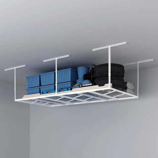 Alt view image 2 of 6 - Pro 4x8 Overhead Garage Storage Rack,Adjustable Storage Organization System, Heavy Duty Metal Ceiling Storage Racks, 800lbs Weight Capacity, White, Pro Series