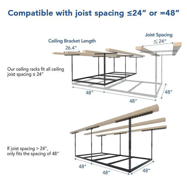 Alt view image 2 of 7 - Garage Storage Bundle 2-Pack 2x4ft Wall Mounted Floating Shelves (24"x48") & 4x8 Overhead Garage Storage Rack Without Decking, Heavy-Duty Metal Ceiling Storage System, 600lbs Capacity