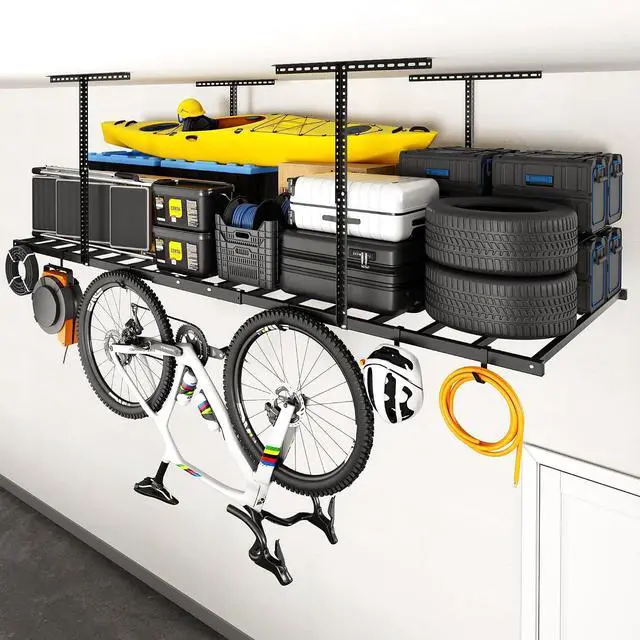 Main image of 4x8 Overhead Garage Storage Rack with 6 Hooks, Adjustable Storage Organization System, Heavy-Duty Metal Ceiling Racks, 22.6" -39.4" Ceiling Dropdown, Black, Lite Series