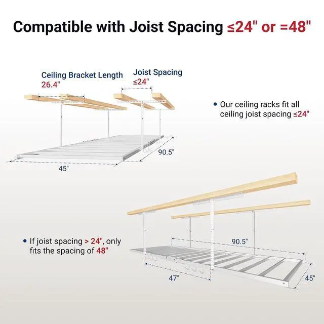 Alt view image 3 of 7 - 4x8 Overhead Garage Storage Rack with 6 Hooks, Adjustable Storage Organization System, Heavy-Duty Metal Ceiling Racks, 22.6" -39.4" Ceiling Dropdown, Lite Series