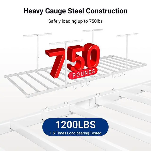 Alt view image 2 of 7 - 4x8 Overhead Garage Storage Rack with 6 Hooks, Adjustable Storage Organization System, Heavy-Duty Metal Ceiling Racks, 22.6" -39.4" Ceiling Dropdown, Lite Series