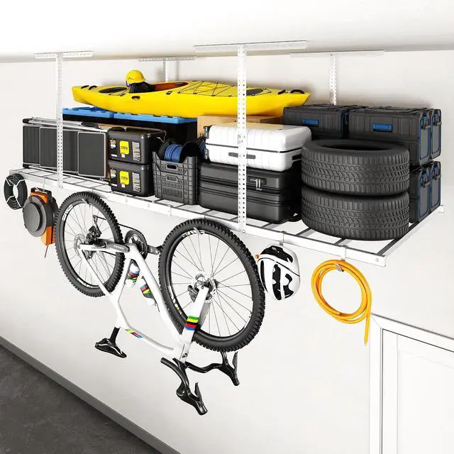 Main image of 4x8 Overhead Garage Storage Rack with 6 Hooks, Adjustable Storage Organization System, Heavy-Duty Metal Ceiling Racks, 22.6" -39.4" Ceiling Dropdown, Lite Series