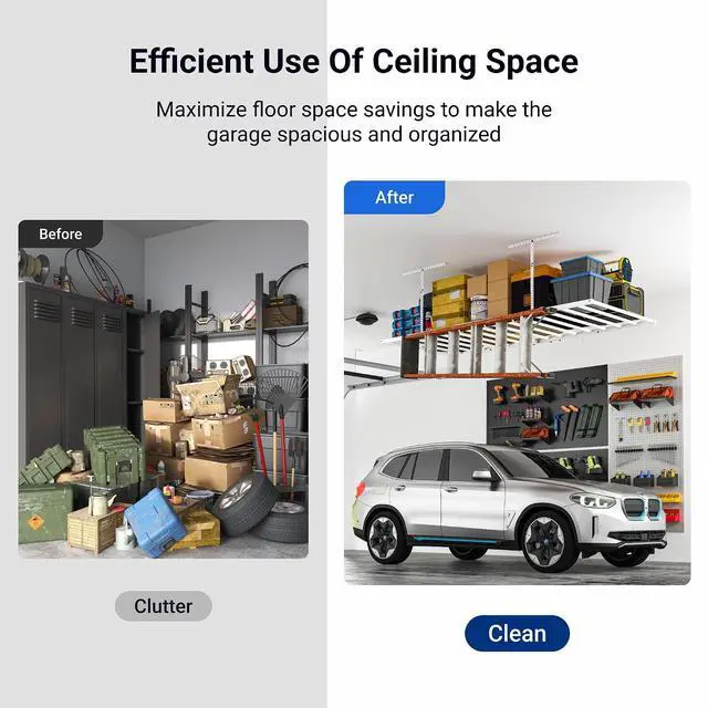 Alt view image 6 of 7 - 4x8 Overhead Garage Storage Rack with 6 Hooks, Adjustable Storage Organization System, Heavy-Duty Metal Ceiling Racks, 22.6" -39.4" Ceiling Dropdown, Lite Series