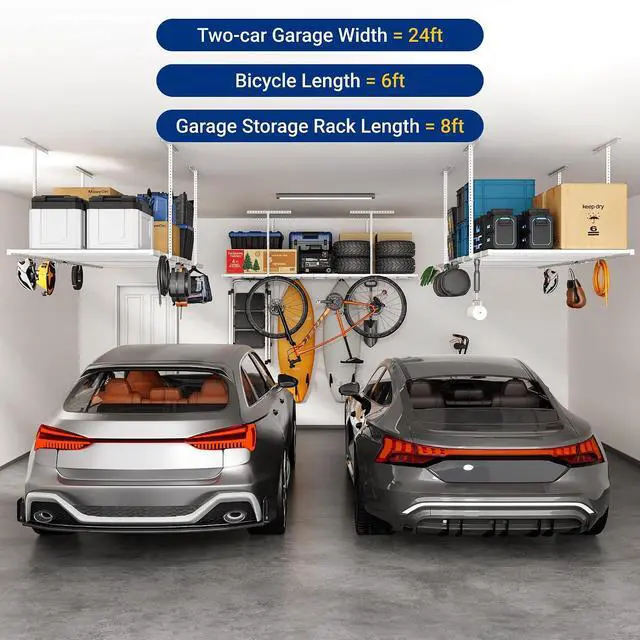 Alt view image 7 of 7 - 4x8 Overhead Garage Storage Rack with 6 Hooks, Adjustable Storage Organization System, Heavy-Duty Metal Ceiling Racks, 22.6" -39.4" Ceiling Dropdown, Lite Series