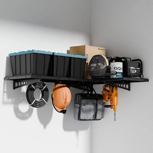 Alt view image 2 of 7 - 2 Pack 2x4ft Corner Wall Shelving with 4 Hooks, 24x48 inch Garage Storage Rack Floating Shelves, 660lbs Total Weight Capacity, Black, Pro Series