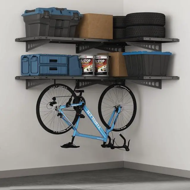 Alt view image 5 of 7 - 2 Pack 2x4ft Corner Wall Shelving with 4 Hooks, 24x48 inch Garage Storage Rack Floating Shelves, 660lbs Total Weight Capacity, Black, Pro Series