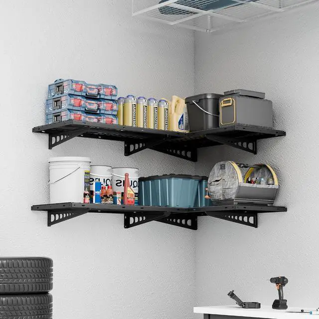 Alt view image 2 of 7 - 4 Pack 2x4ft Corner Wall Shelving Garage Storage Rack, 24x48 inch Floating Shelves, 1320lbs Total Weight Capacity, Black