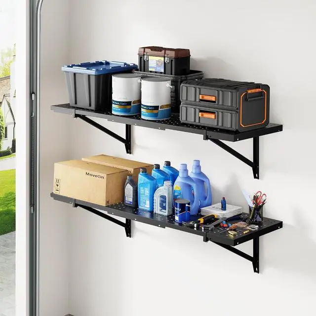 Alt view image 2 of 7 - 2-Pack 1x3ft Wall Mounted Garage Shelving, 14x38-inch | Perforated, Heavy Duty Storage Rack, 700 lbs Load Capacity, Garage Organization System