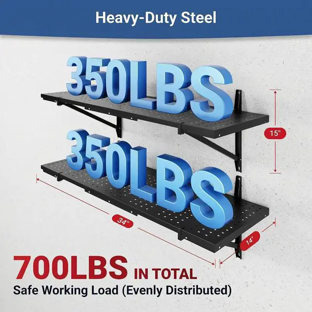 Alt view image 3 of 7 - 2-Pack 1x3ft Wall Mounted Garage Shelving, 14x38-inch | Perforated, Heavy Duty Storage Rack, 700 lbs Load Capacity, Garage Organization System