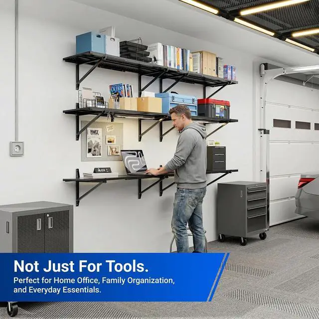 Alt view image 5 of 7 - 2-Pack 1x3ft Wall Mounted Garage Shelving, 14x38-inch | Perforated, Heavy Duty Storage Rack, 700 lbs Load Capacity, Garage Organization System