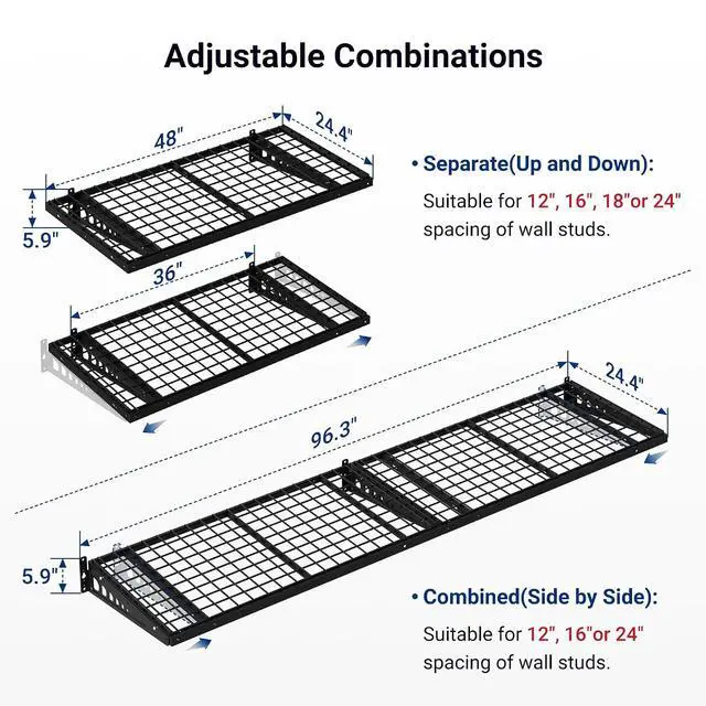 Alt view image 3 of 7 - 2 Pack 2x4ft Garage Storage 24x48 inch Heavy Duty Bike Wall Shelving Rack, 660lbs Total Weight Capacity, Black, Pro Series