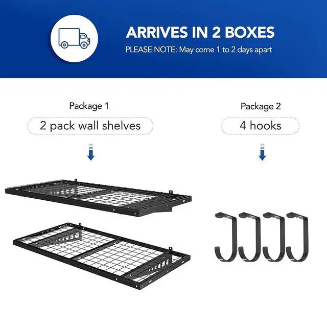 Alt view image 4 of 7 - 2 Pack 2x4ft Garage Storage with 4 Hooks 24x48 inch Bike Wall Shelving Rack, 660lbs Total Weight Capacity, Black, Pro Series