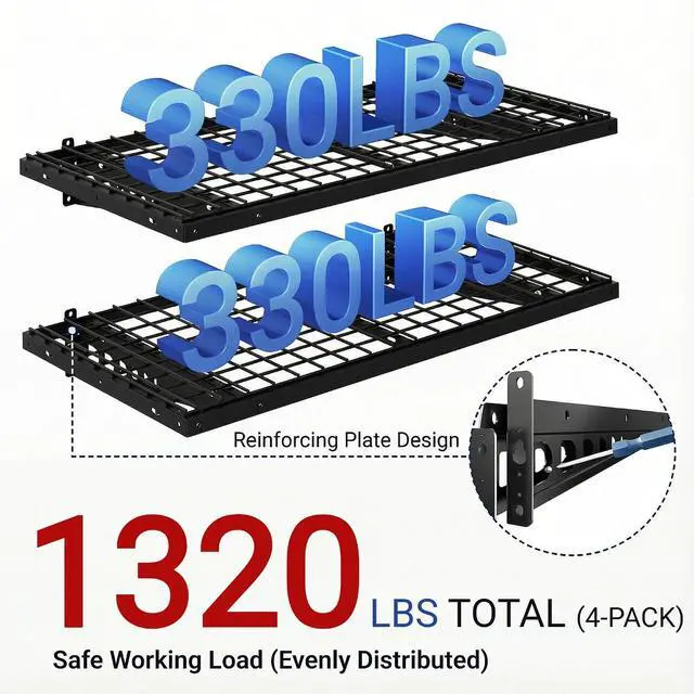 Alt view image 3 of 7 - 4 Pack 2x4ft Garage Storage 24x48 inch Heavy Duty Bike Wall Shelving Rack, 1320lbs Total Weight Capacity, Black, Pro Series