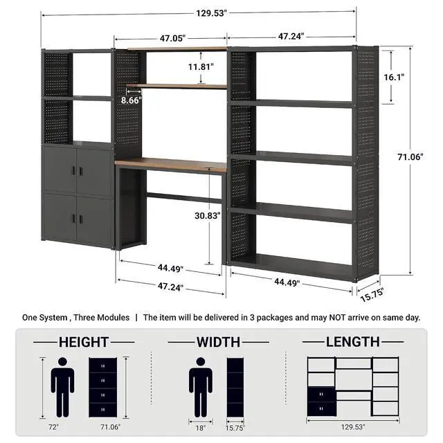 Alt view image 2 of 7 - Garage Storage Cabinet System, 3-in-1 Modular Metal Tool Cabinet w/Workbench and Metal Board Shelf Includes Pegboard, 24-Gauge Steel, 129"(L) w/ 2 Doors, Black, FLEXIMOD Series