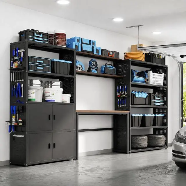 Main image of Garage Storage Cabinet System, 3-in-1 Modular Metal Tool Cabinet w/Workbench and Metal Board Shelf Includes Pegboard, 24-Gauge Steel, 129"(L) w/ 2 Doors, Black, FLEXIMOD Series