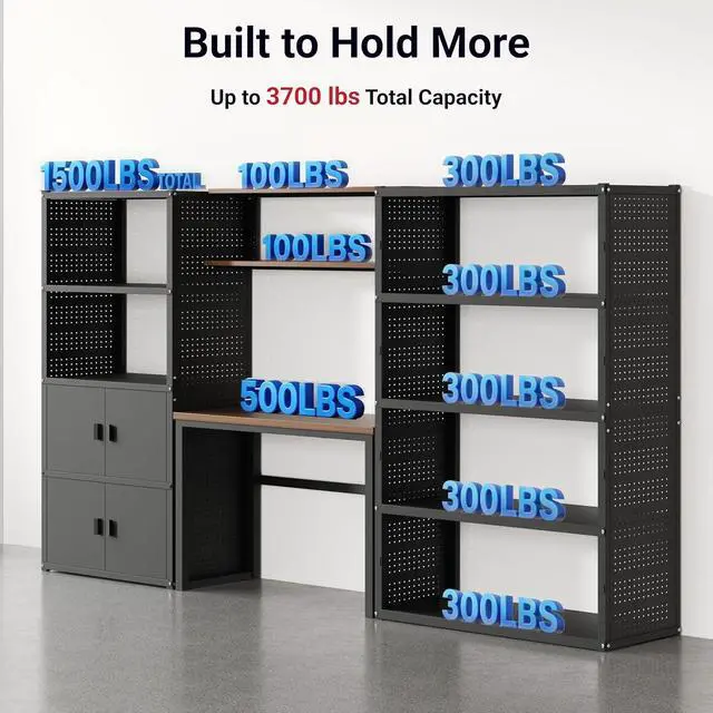 Alt view image 6 of 7 - Garage Storage Cabinet System, 3-in-1 Modular Metal Tool Cabinet w/Workbench and Metal Board Shelf Includes Pegboard, 24-Gauge Steel, 129"(L) w/ 2 Doors, Black, FLEXIMOD Series
