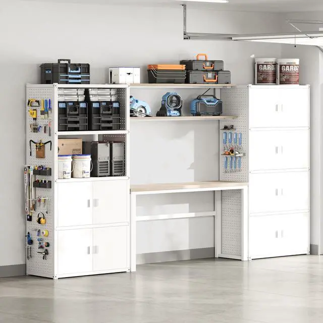 Main image of Garage Storage Cabinet System, 3-in-1 Modular Metal Tool Cabinet w/Workbench and Metal Board Shelf Includes Pegboard, 24-Gauge Steel, 117"(L) w/ 6 Doors, White, FLEXIMOD Series