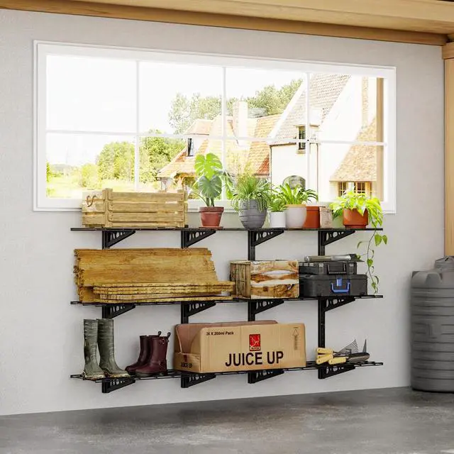 Alt view image 2 of 7 - 3-Tier 1x3ft Garage Storage Wall Shelving, 12x36inch per Shelf Height Adjustable Floating Shelves, Heavy Duty Wall Mounted Shelve, 600lbs Weight Capacity, Black, Classic Series