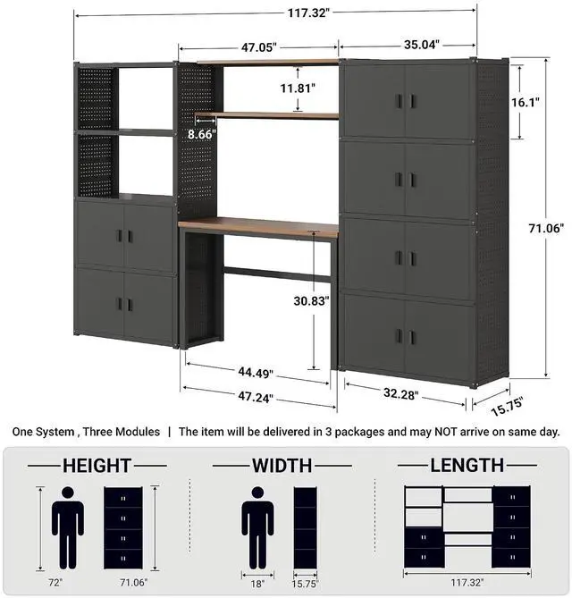 Alt view image 2 of 7 - Garage Storage Cabinet System, 3-in-1 Modular Metal Tool Cabinet w/ Workbench and Metal Board Shelf Includes Pegboard, 24-Gauge Steel, 117"(L) w/ 6 Doors, Black, FLEXIMOD Series