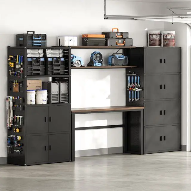 Main image of Garage Storage Cabinet System, 3-in-1 Modular Metal Tool Cabinet w/ Workbench and Metal Board Shelf Includes Pegboard, 24-Gauge Steel, 117"(L) w/ 6 Doors, Black, FLEXIMOD Series