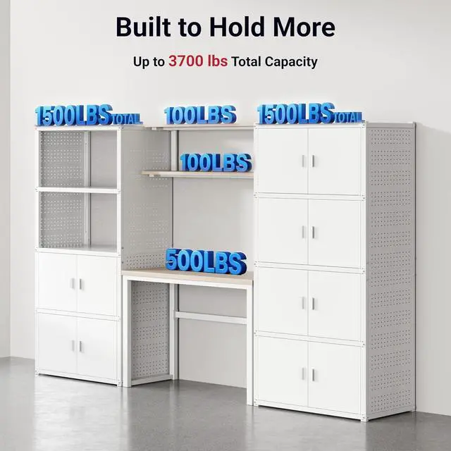 Alt view image 6 of 7 - Garage Storage Cabinet System, 3-in-1 Modular Metal Tool Cabinet w/Workbench and Metal Board Shelf Includes Pegboard, 24-Gauge Steel, 117"(L) w/ 6 Doors, White, FLEXIMOD Series