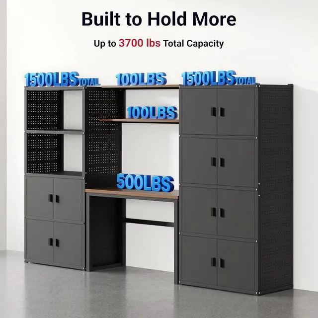 Alt view image 4 of 7 - Garage Storage Cabinet System, 3-in-1 Modular Metal Tool Cabinet w/ Workbench and Metal Board Shelf Includes Pegboard, 24-Gauge Steel, 117"(L) w/ 6 Doors, Black, FLEXIMOD Series