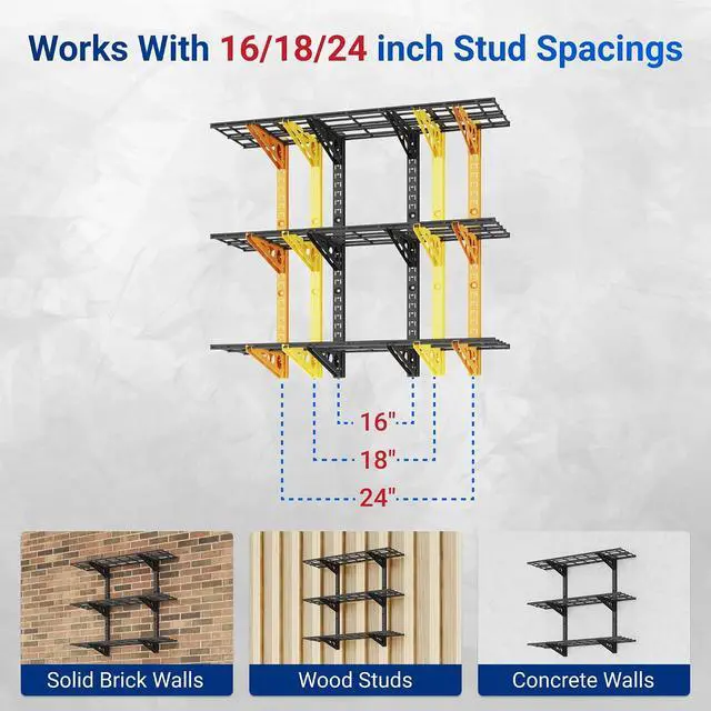 Alt view image 4 of 7 - 3-Tier 1x3ft Garage Storage Wall Shelving, 12x36inch per Shelf Height Adjustable Floating Shelves, Heavy Duty Wall Mounted Shelve, 600lbs Weight Capacity, Black, Classic Series