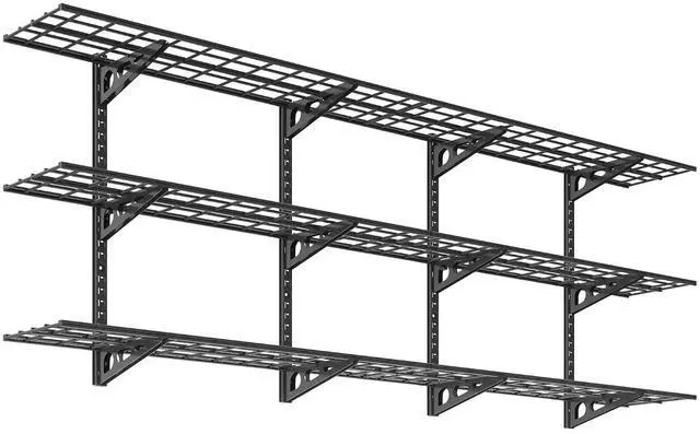 Main image of 2 Pack 3-Tier 1x4ft Garage Storage Wall Shelving, 12x48inch per Shelf Height Adjustable Floating Shelves, Heavy Duty Wall Mounted Shelve, 1200lbs Weight Capacity, Black, Classic Series