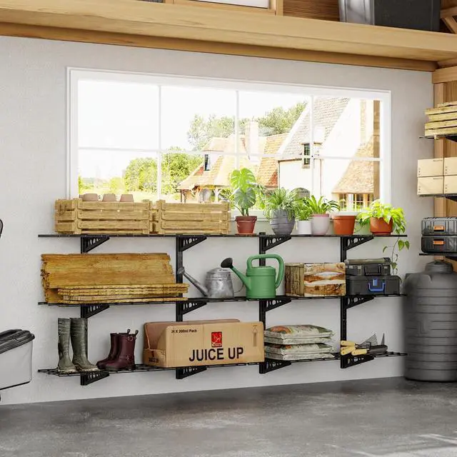 Alt view image 2 of 7 - 2 Pack 3-Tier 1x4ft Garage Storage Wall Shelving, 12x48inch per Shelf Height Adjustable Floating Shelves, Heavy Duty Wall Mounted Shelve, 1200lbs Weight Capacity, Black, Classic Series