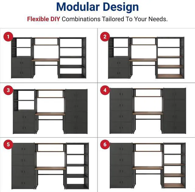 Alt view image 7 of 7 - Garage Storage Cabinet System, 3-in-1 Modular Metal Tool Cabinet w/ Workbench and Metal Board Shelf Includes Pegboard, 24-Gauge Steel, 117"(L) w/ 6 Doors, Black, FLEXIMOD Series