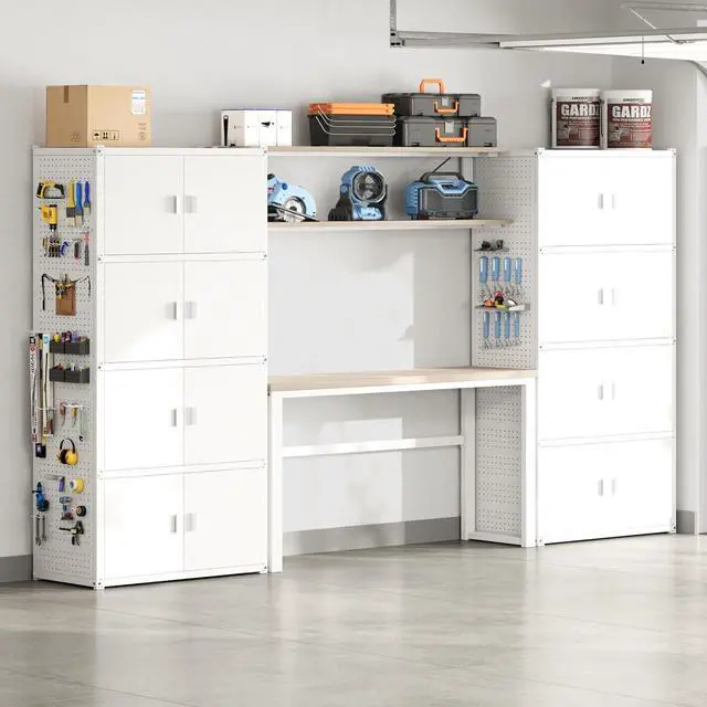Main image of Garage Storage Cabinet System, 3-in-1 Modular Metal Tool Cabinet w/Workbench and Metal Board Shelf Includes Pegboard, 24-Gauge Steel, 117"(L) w/ 8 Doors, White, FLEXIMOD Series