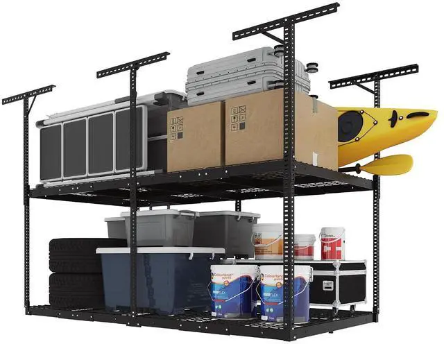 Main image of 4x8 2-Tier Overhead Garage Storage Rack Adjustable Heavy Duty Metal Garage Ceiling Storage Racks, 1000 lbs Capacity Garages Organization System for 915 ft Tall Garages, Black