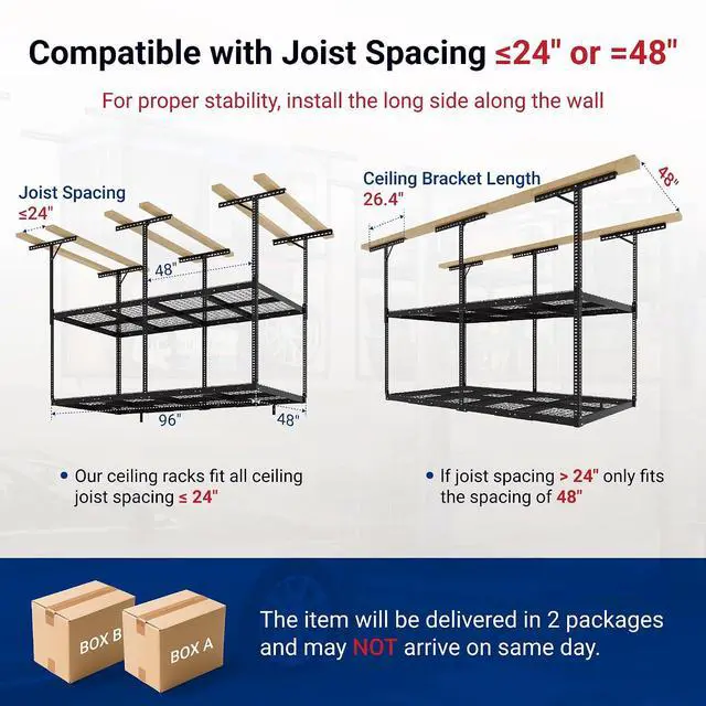 Alt view image 2 of 7 - 4x8 2-Tier Overhead Garage Storage Rack Adjustable Heavy Duty Metal Garage Ceiling Storage Racks, 1000 lbs Capacity Garages Organization System for 915 ft Tall Garages, Black