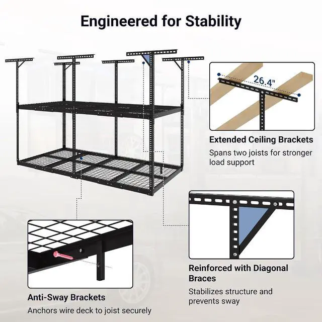 Alt view image 6 of 7 - 4x8 2-Tier Overhead Garage Storage Rack Adjustable Heavy Duty Metal Garage Ceiling Storage Racks, 1000 lbs Capacity Garages Organization System for 915 ft Tall Garages, Black