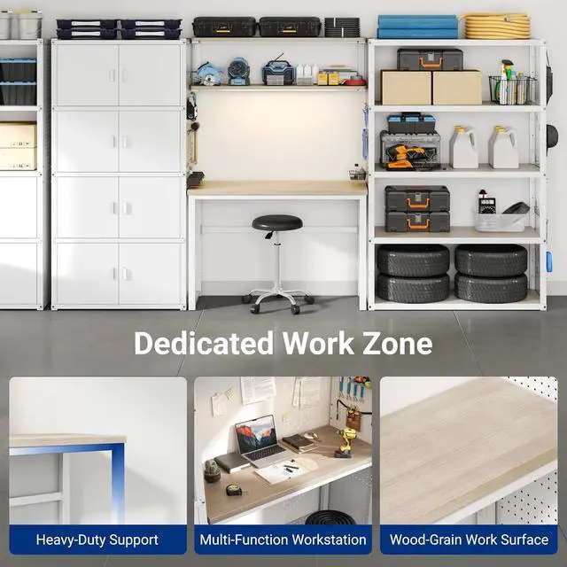 Alt view image 3 of 7 - Garage Storage Cabinet System, 3-in-1 Modular Metal Tool Cabinet w/Workbench and Metal Board Shelf Includes Pegboard, 24-Gauge Steel, 117"(L) w/ 8 Doors, White, FLEXIMOD Series