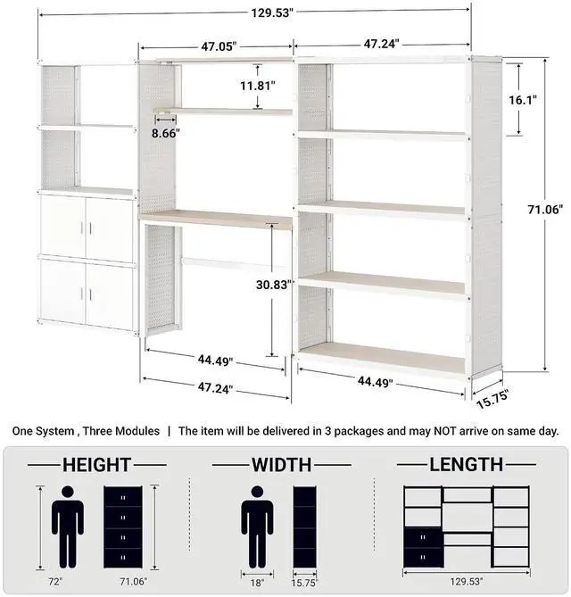 Alt view image 2 of 7 - Garage Storage Cabinet System, 3-in-1 Modular Metal Tool Cabinet w/ Workbench and Particle Board Shelf Includes Pegboard, 24-Gauge Steel, 129"(L) w/ 2 Doors, White, FLEXIMOD Series