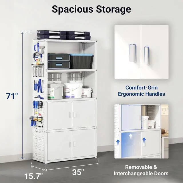 Alt view image 7 of 7 - Garage Storage Cabinet System, 3-in-1 Modular Metal Tool Cabinet w/Workbench and Metal Board Shelf Includes Pegboard, 24-Gauge Steel, 117"(L) w/ 8 Doors, White, FLEXIMOD Series