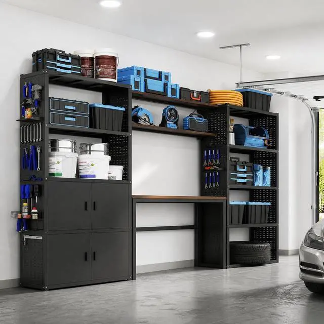 Main image of Garage Storage Cabinet System, 3-in-1 Modular Metal Tool Cabinet w/ Workbench and Metal Board Shelf Includes Pegboard, 24-Gauge Steel, 117"(L) w/ 2 Doors, Black, FLEXIMOD Series