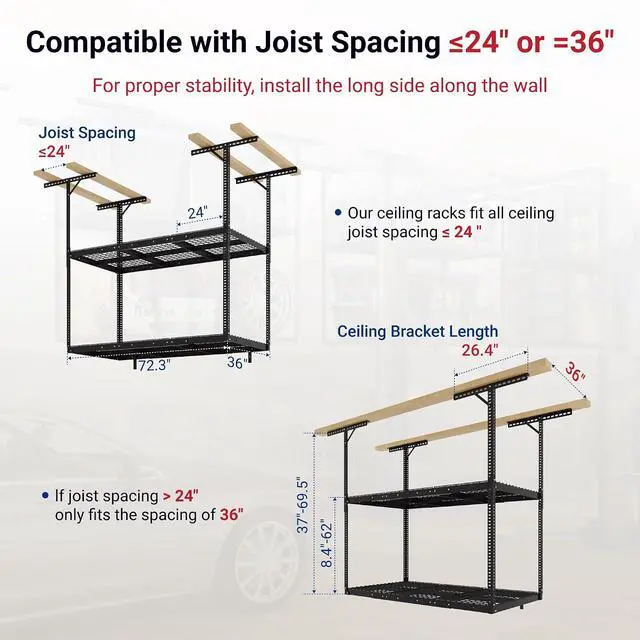 Alt view image 2 of 7 - 3x6 2-Tier Overhead Garage Storage Rack Adjustable Heavy Duty Metal Garage Ceiling Storage Racks, 880 lbs Capacity Garages Organization System for 915 ft Tall Garages, Black