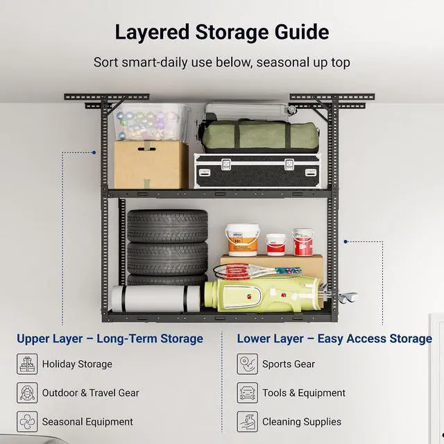 Alt view image 7 of 7 - 3x6 2-Tier Overhead Garage Storage Rack Adjustable Heavy Duty Metal Garage Ceiling Storage Racks, 880 lbs Capacity Garages Organization System for 915 ft Tall Garages, Black