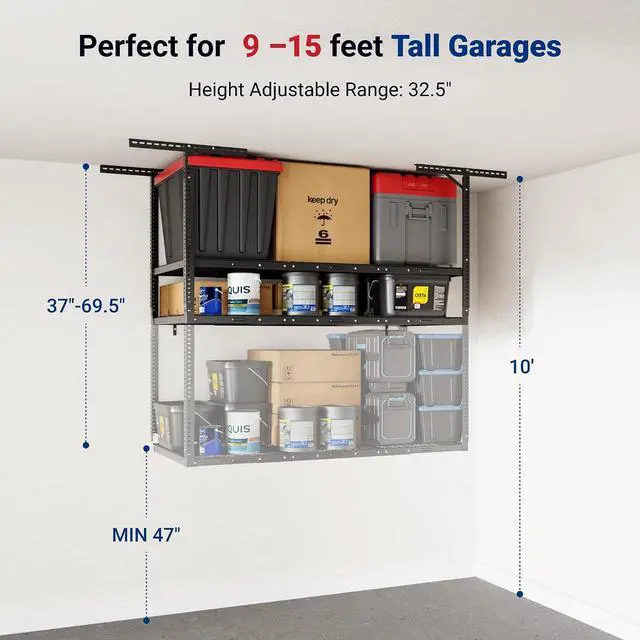 Alt view image 5 of 7 - 3x6 2-Tier Overhead Garage Storage Rack Adjustable Heavy Duty Metal Garage Ceiling Storage Racks, 880 lbs Capacity Garages Organization System for 915 ft Tall Garages, Black