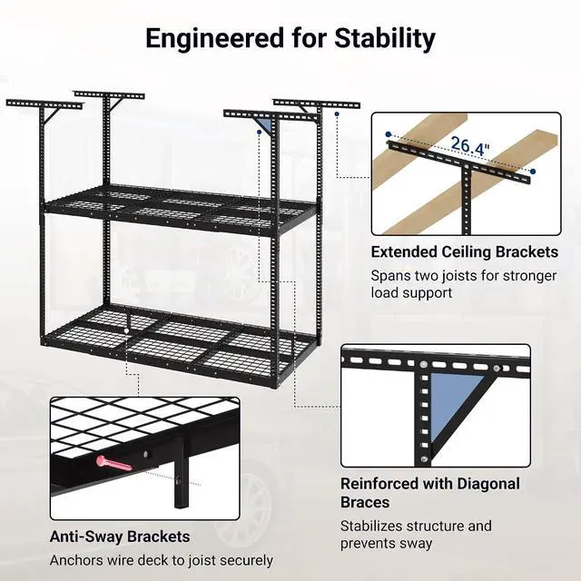 Alt view image 6 of 7 - 3x6 2-Tier Overhead Garage Storage Rack Adjustable Heavy Duty Metal Garage Ceiling Storage Racks, 880 lbs Capacity Garages Organization System for 915 ft Tall Garages, Black