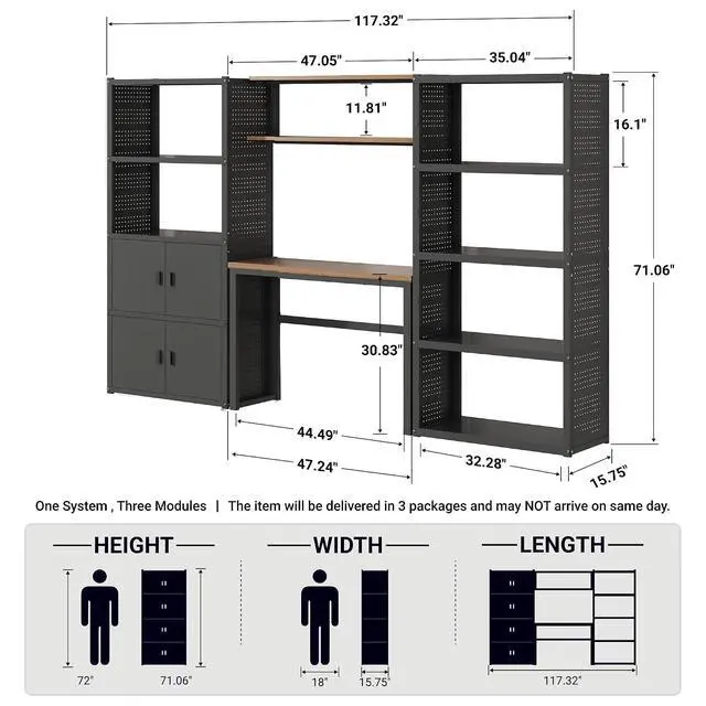 Alt view image 2 of 7 - Garage Storage Cabinet System, 3-in-1 Modular Metal Tool Cabinet w/ Workbench and Metal Board Shelf Includes Pegboard, 24-Gauge Steel, 117"(L) w/ 2 Doors, Black, FLEXIMOD Series