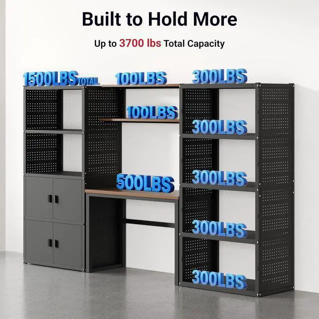 Alt view image 6 of 7 - Garage Storage Cabinet System, 3-in-1 Modular Metal Tool Cabinet w/ Workbench and Metal Board Shelf Includes Pegboard, 24-Gauge Steel, 117"(L) w/ 2 Doors, Black, FLEXIMOD Series