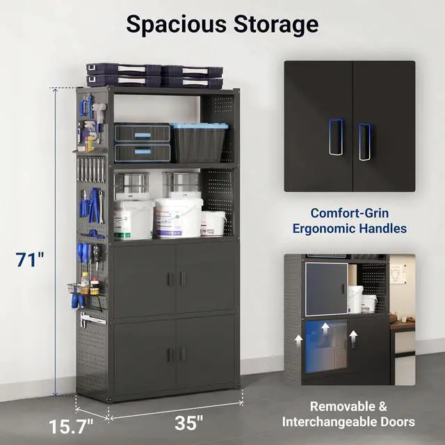 Alt view image 5 of 7 - Garage Storage Cabinet System, 3-in-1 Modular Metal Tool Cabinet w/Workbench and Metal Board Shelf Includes Pegboard, 24-Gauge Steel, 129"(L) w/ 2 Doors, Black, FLEXIMOD Series