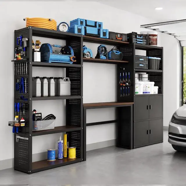 Main image of Garage Storage Cabinet System, 3-in-1 Modular Metal Tool Cabinet w/ Workbench and Particle Board Shelf Includes Pegboard, 24-Gauge Steel, 117"(L) w/ 2 Doors, Black, FLEXIMOD Series