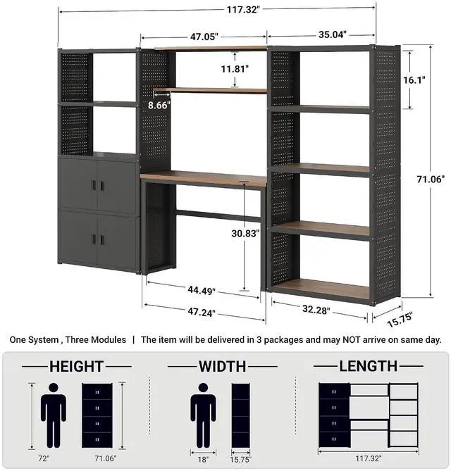 Alt view image 2 of 7 - Garage Storage Cabinet System, 3-in-1 Modular Metal Tool Cabinet w/ Workbench and Particle Board Shelf Includes Pegboard, 24-Gauge Steel, 117"(L) w/ 2 Doors, Black, FLEXIMOD Series