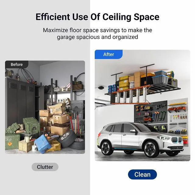 Alt view image 6 of 7 - 4x8 Overhead Garage Storage Rack with 6 Hooks, Adjustable Storage Organization System, Heavy-Duty Metal Ceiling Racks, 22.6" -39.4" Ceiling Dropdown, Black, Lite Series