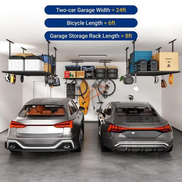 Alt view image 7 of 7 - 4x8 Overhead Garage Storage Rack with 6 Hooks, Adjustable Storage Organization System, Heavy-Duty Metal Ceiling Racks, 22.6" -39.4" Ceiling Dropdown, Black, Lite Series